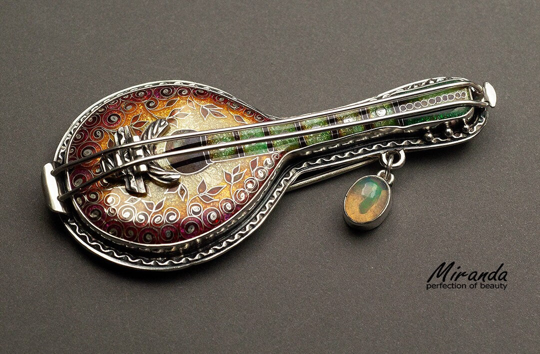 Bandoloncelo - One Of A Kind Brooch - Handmade Silver - Jewelry Charm - Georgian Cloisonne Enamel - The Best Gift For Her