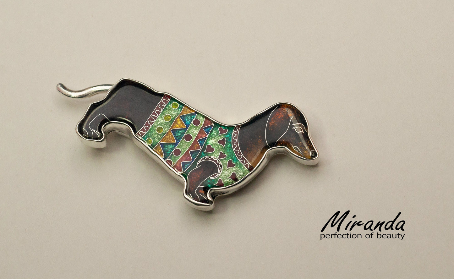 Dachshund Dog Brooch, Unique Handmade Jewelry, Georgian Cloisonne Enamel, Sterling Silver