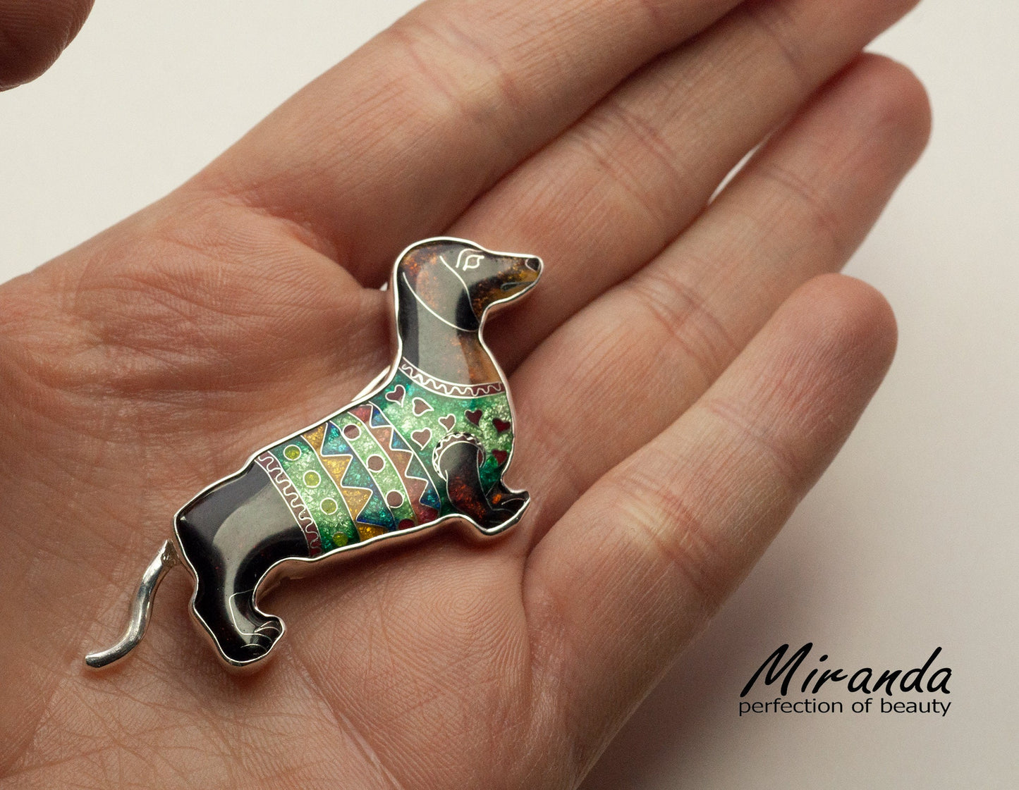 Dachshund Dog Brooch, Unique Handmade Jewelry, Georgian Cloisonne Enamel, Sterling Silver