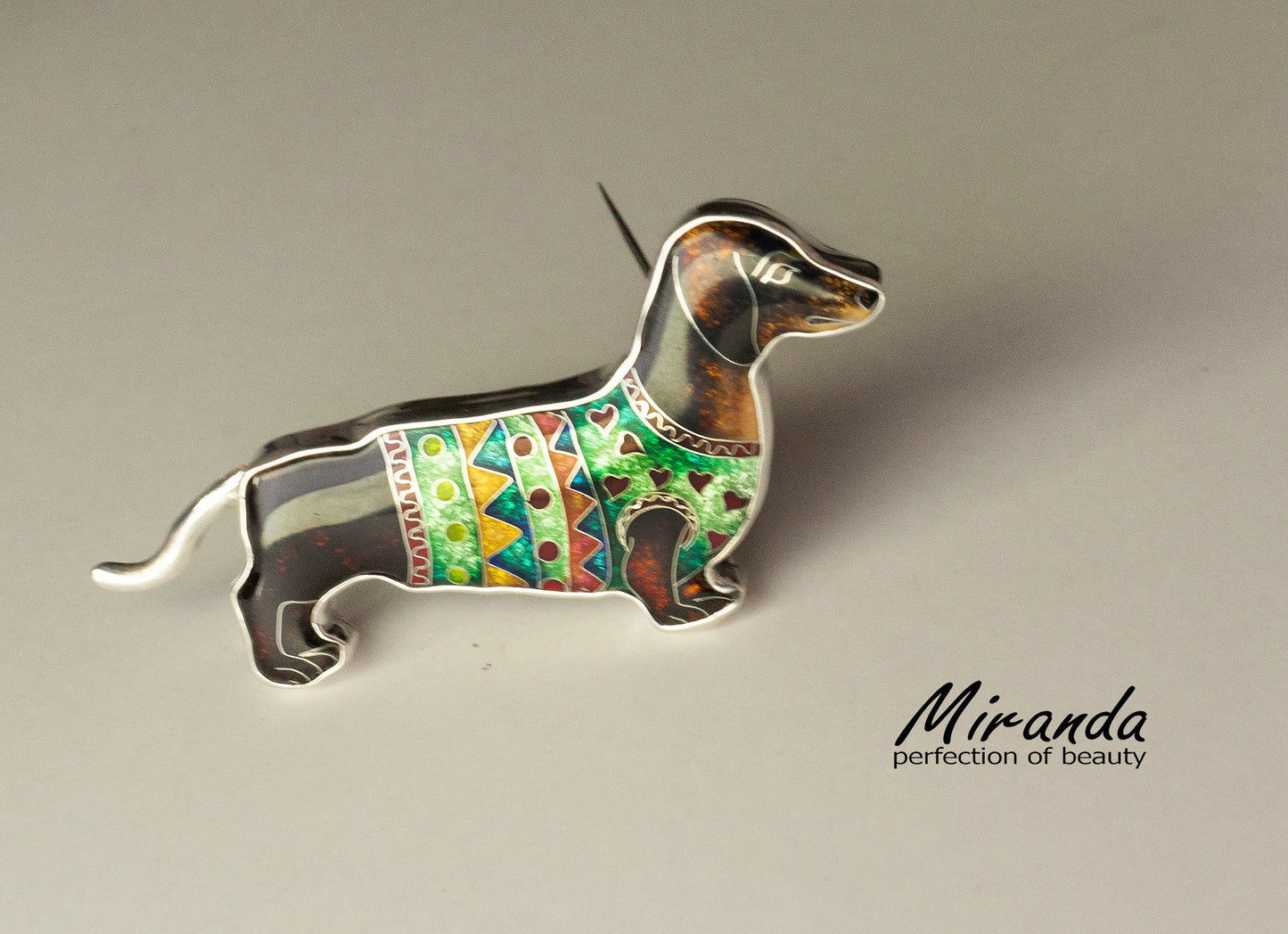 Dachshund Dog Brooch, Unique Handmade Jewelry, Georgian Cloisonne Enamel, Sterling Silver