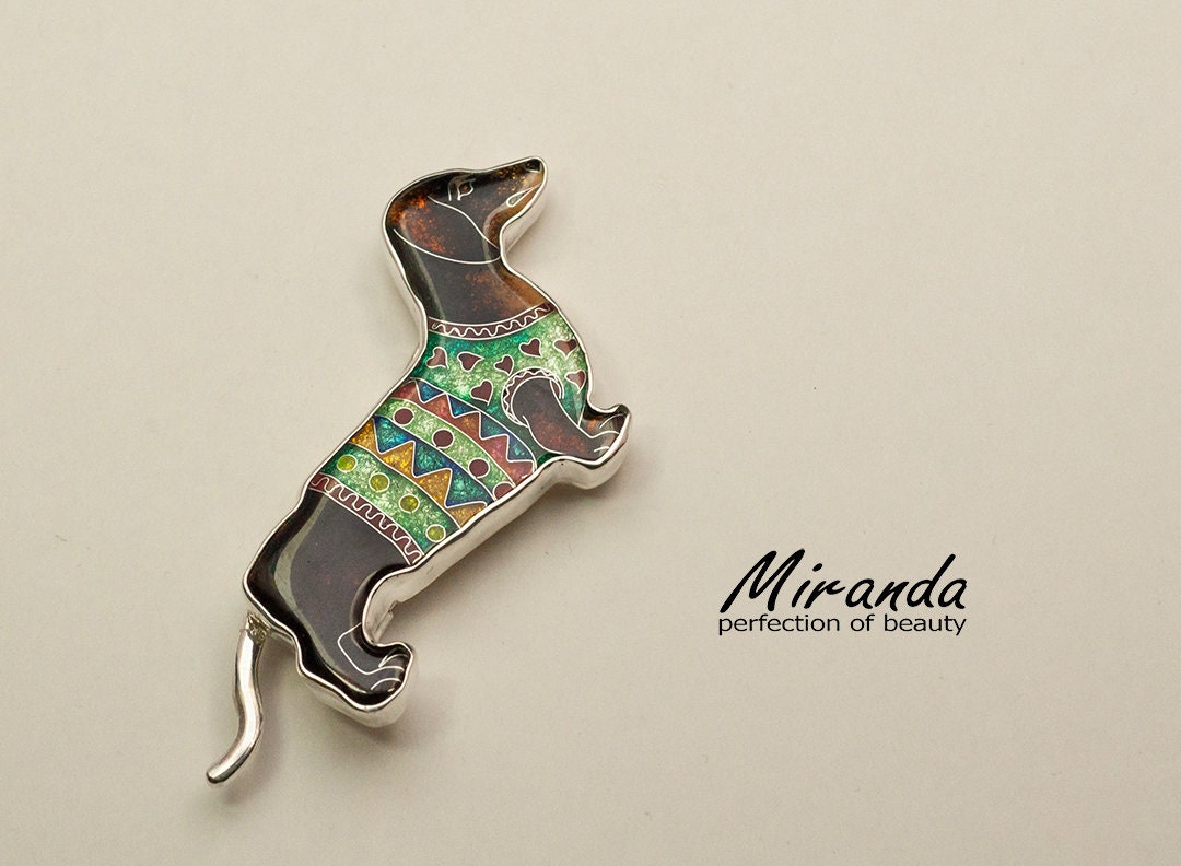 Dachshund Dog Brooch, Unique Handmade Jewelry, Georgian Cloisonne Enamel, Sterling Silver