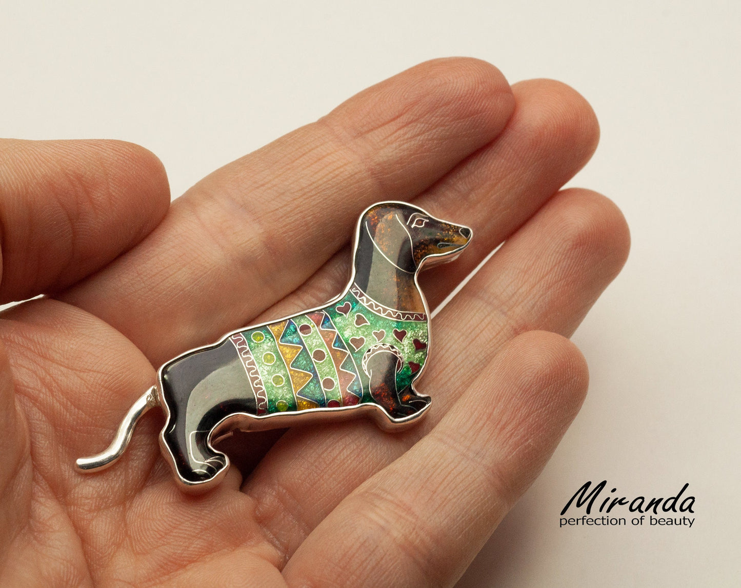 Dachshund Dog Brooch, Unique Handmade Jewelry, Georgian Cloisonne Enamel, Sterling Silver