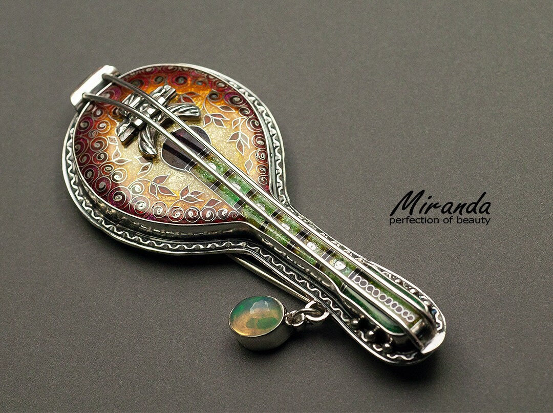 Bandoloncelo - One Of A Kind Brooch - Handmade Silver - Jewelry Charm - Georgian Cloisonne Enamel - The Best Gift For Her