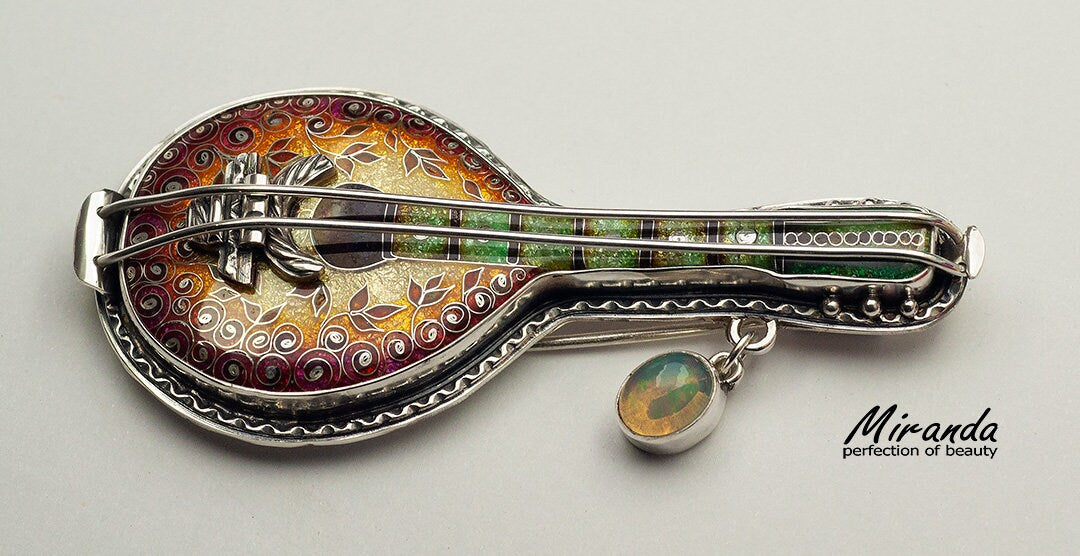 Bandoloncelo - One Of A Kind Brooch - Handmade Silver - Jewelry Charm - Georgian Cloisonne Enamel - The Best Gift For Her