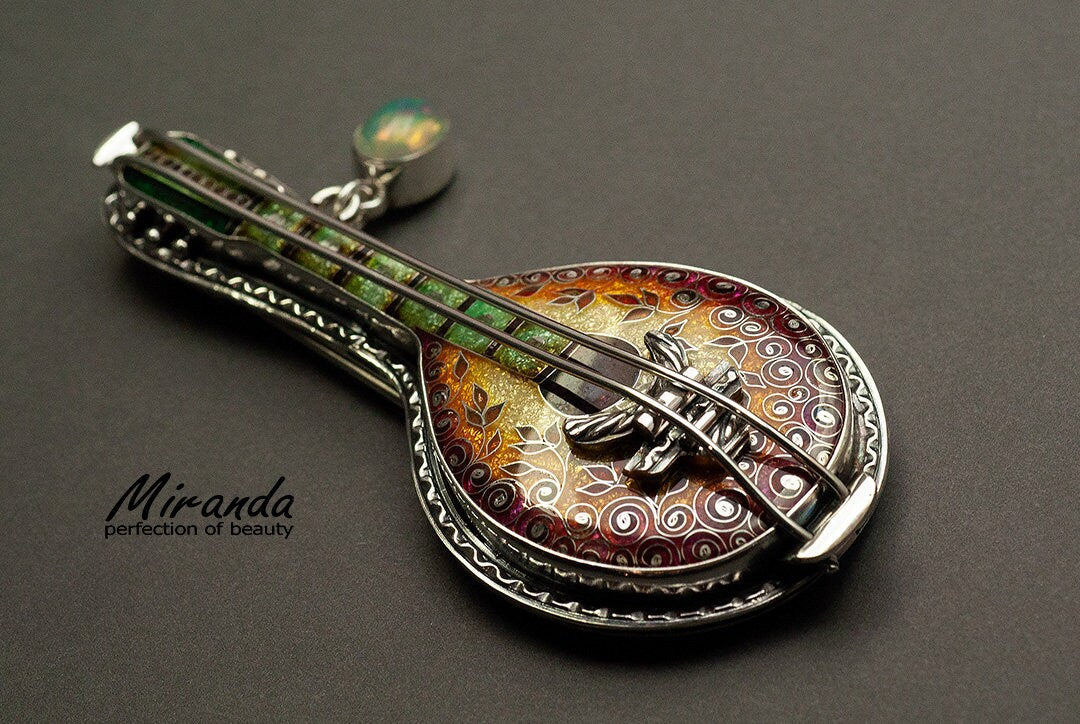 Bandoloncelo - One Of A Kind Brooch - Handmade Silver - Jewelry Charm - Georgian Cloisonne Enamel - The Best Gift For Her