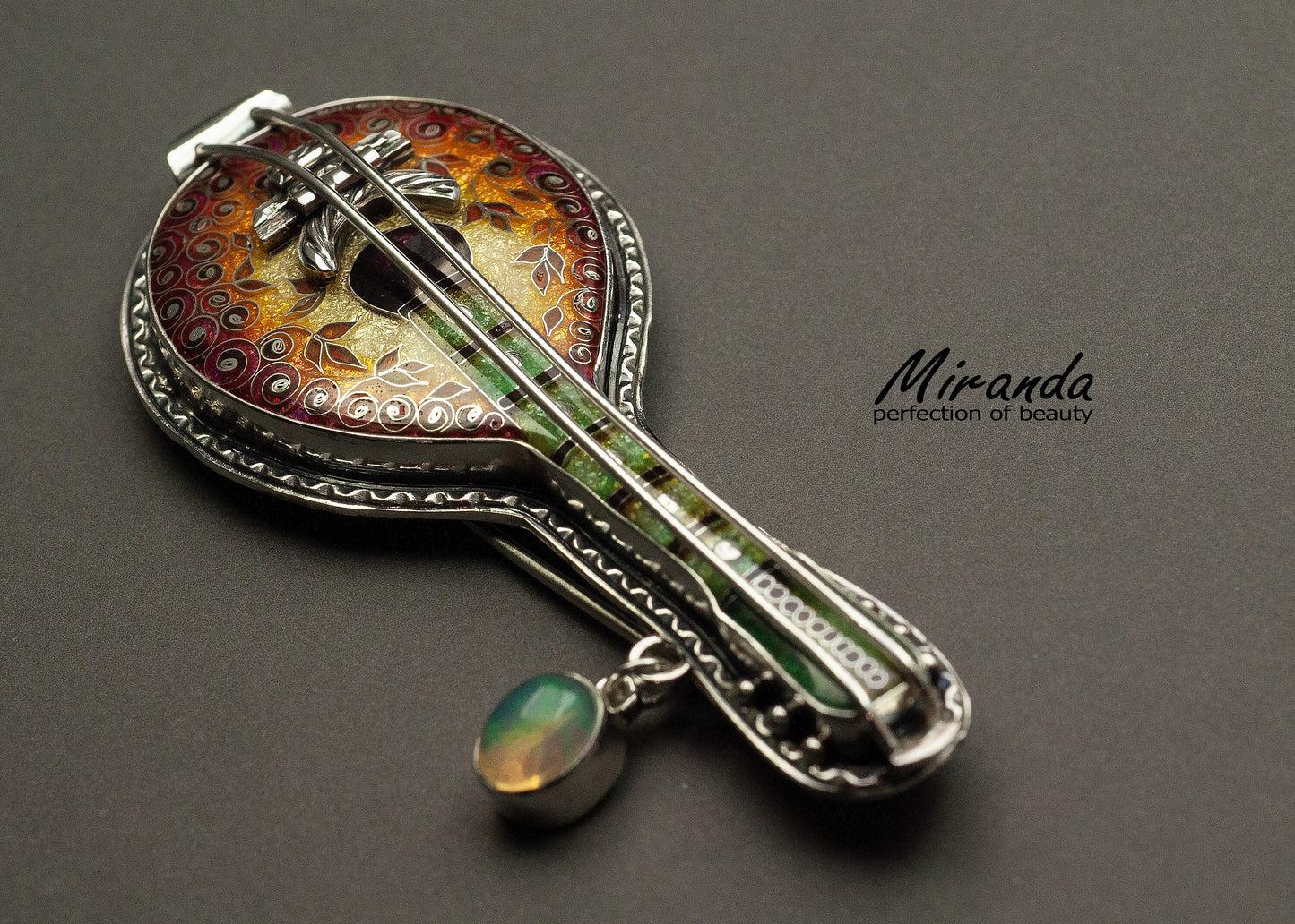 Bandoloncelo - One Of A Kind Brooch - Handmade Silver - Jewelry Charm - Georgian Cloisonne Enamel - The Best Gift For Her
